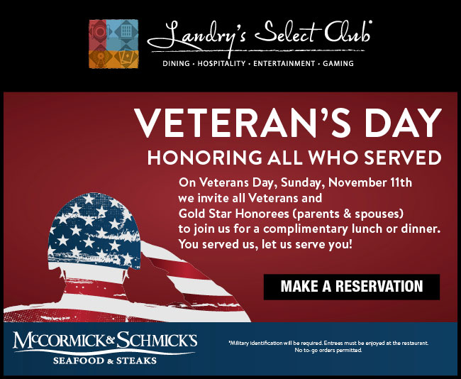 Veterans Day Free meals at Claim Jumper and McCormick & Schmick